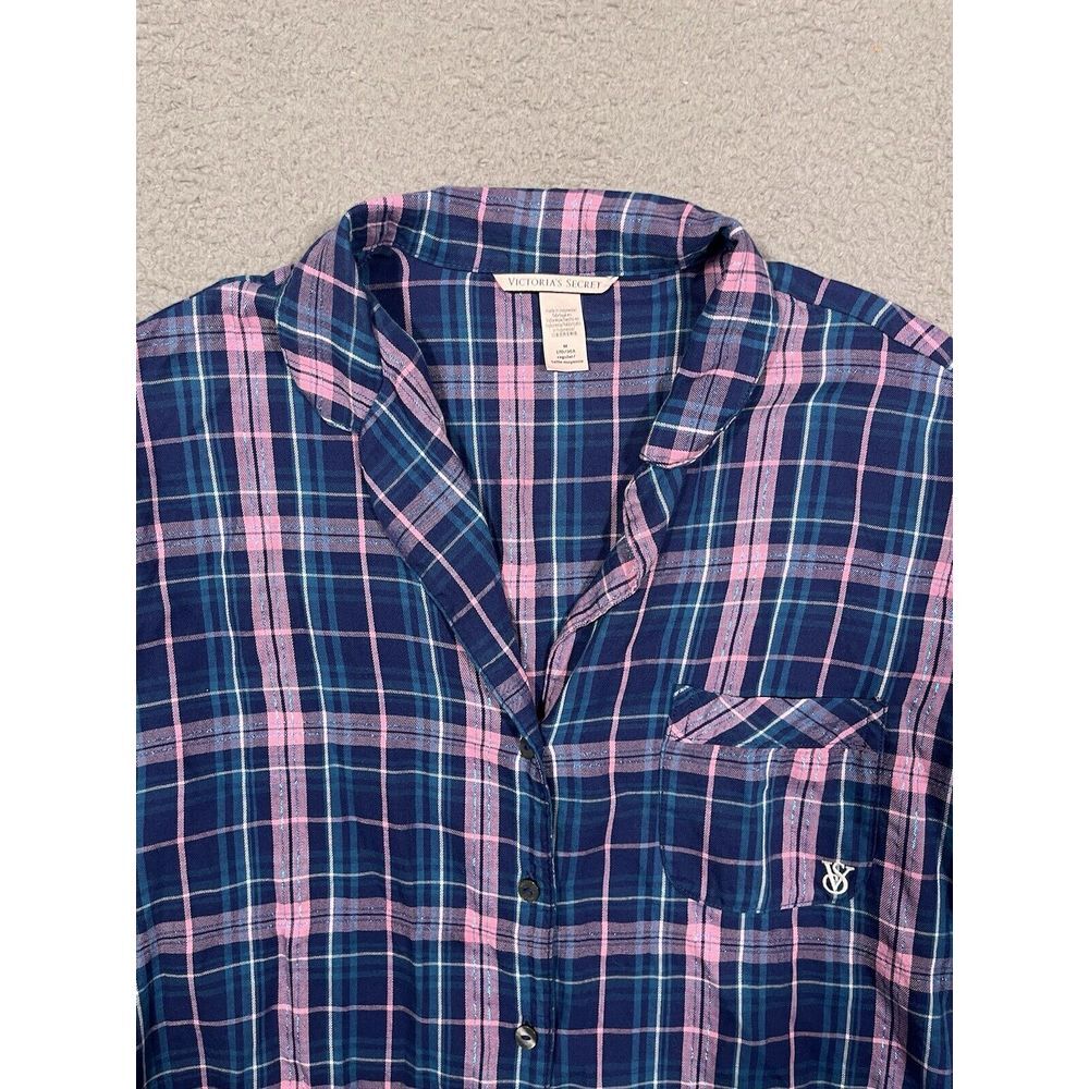 Victoria's Secret Pajama Top Blue Pink Plaid Collared Button Medium M - Picture 3 of 8
